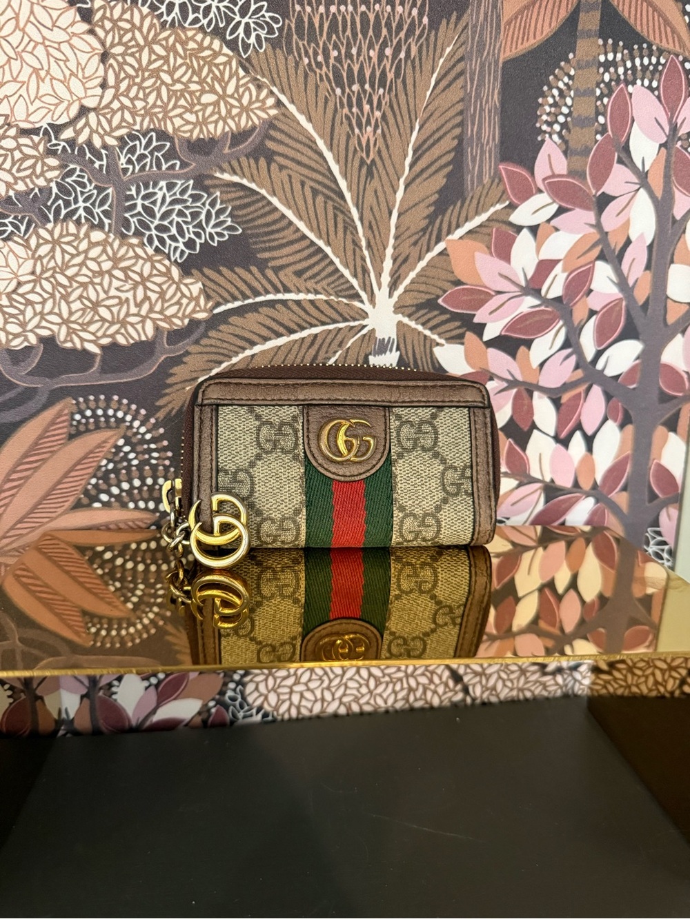 Gucci GG Supreme Mini Card Holder in Brown with Green & Red Web